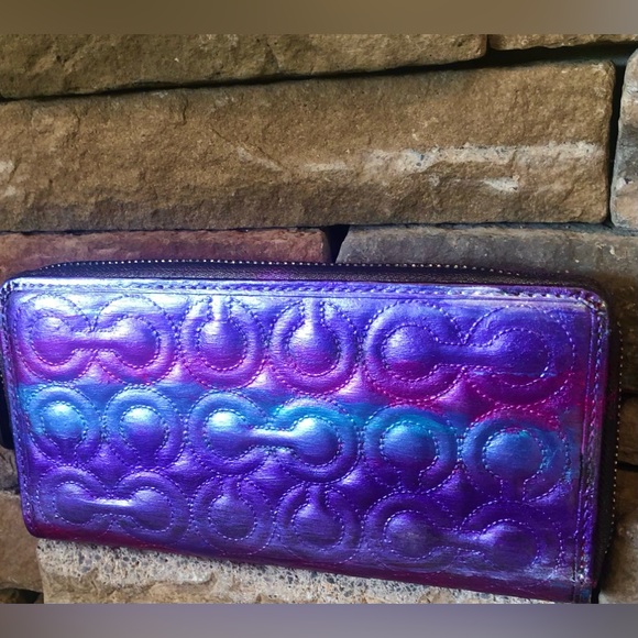 Coach Custom Design Metallic Multi Colored Signature C Leather Zip Wallet - Picture 7 of 10